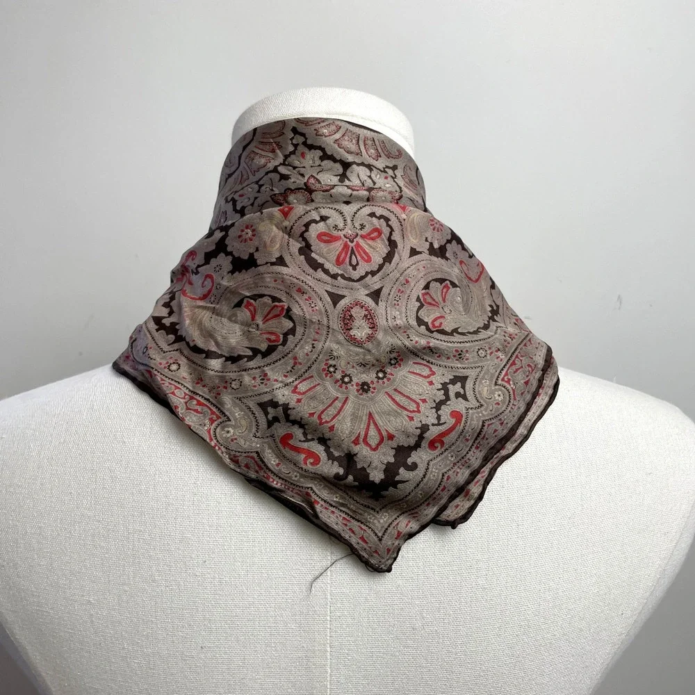 Vintage Silk Square Scarf Italy Hand Rolled Paisley Brown Preppy Old Money